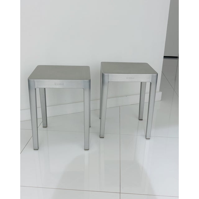 Contemporary Philippe Starck for Emeco Hand-Brushed Aluminum Occasional Tables | Set of 2 For Sale - Image 3 of 7