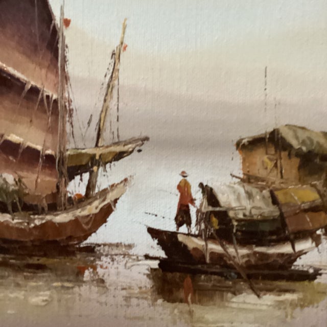 Mid 20th Century Vintage Painting of Mixed Media Chinese Junk Boats by Paul Wong Framed For Sale - Image 5 of 12