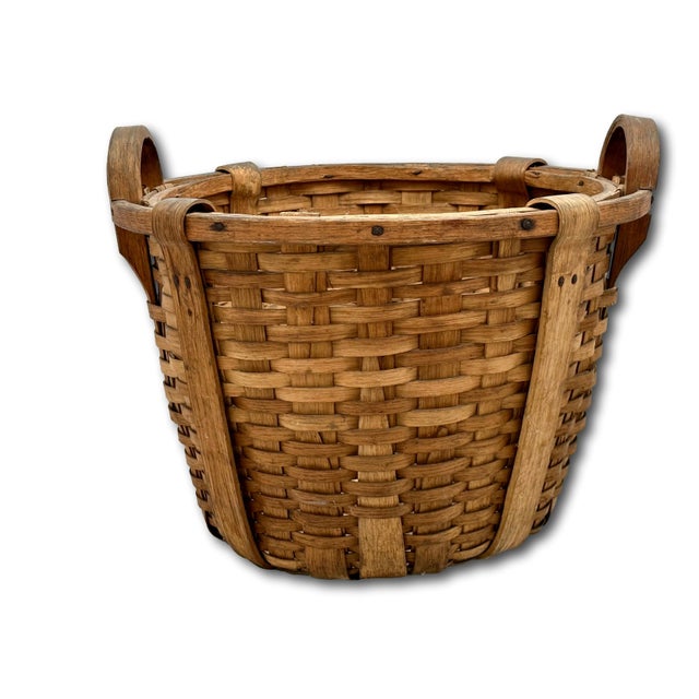 Large Size Substantially Made Antique American Hand Woven Ash Wood Splint Maine Apple Farm Basket For Sale - Image 11 of 18