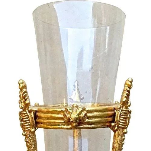 Neoclassical Vintage Ram's Head Gilt Brass & Glass Vase For Sale - Image 3 of 6