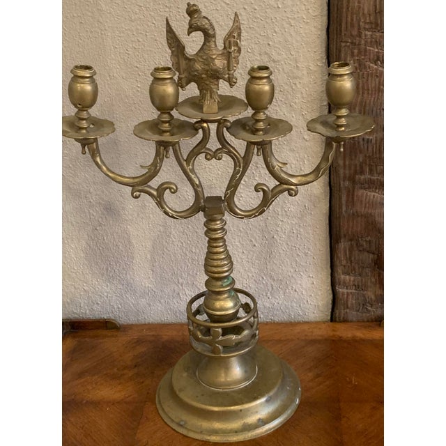 Antique Brass Candelabra Sabbath Judaica Europe 4 Light With Eagle Holding Swords - a Pair For Sale - Image 4 of 9