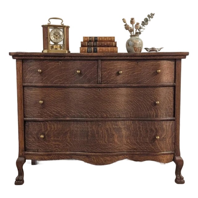 Tiger Oak Dresser W/ Curved Front & Dovetail Drawers For Sale