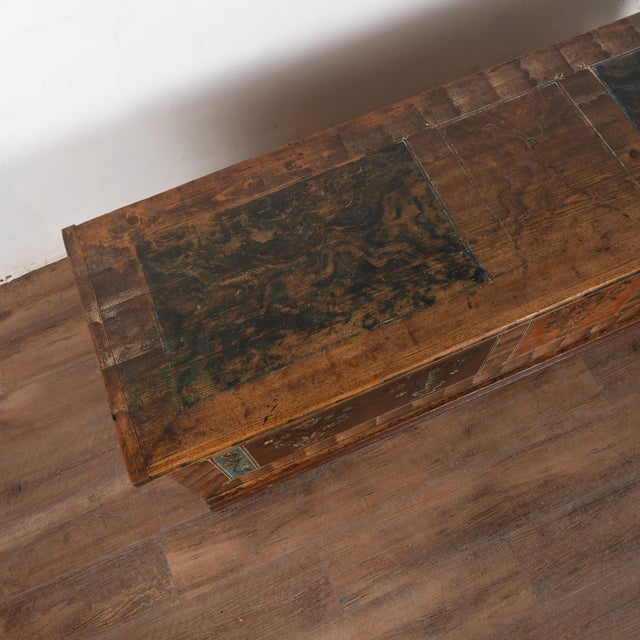 Long Narrow Original Painted Trunk Bench With Storage Dated 1921 For Sale - Image 6 of 16