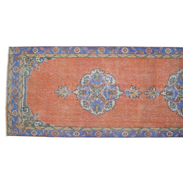 Copper Traditional Ottoman Design Distressed Oushak Runner Rug Faded Colors Low Pile - 3'3″ X 12' For Sale - Image 8 of 12