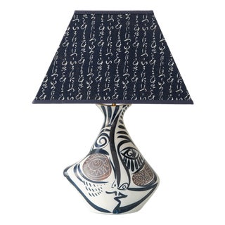 Vintage Cubist Ceramic Table Lamp with Hand-Painted Face & New Lampshade, Spain For Sale