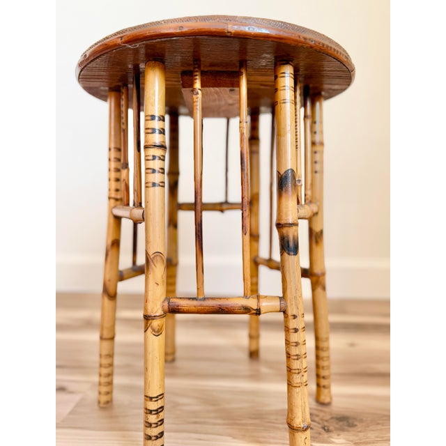 Burnt Umber Antique English Tortoiseshell Bamboo Side Table, Woven Rush Top For Sale - Image 8 of 12