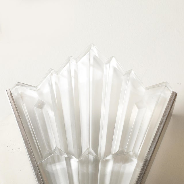 Silver Pair of Art Deco Skyscraper Style Frosted Glass Sconces W/ Brushed Nickel Frames For Sale - Image 8 of 12