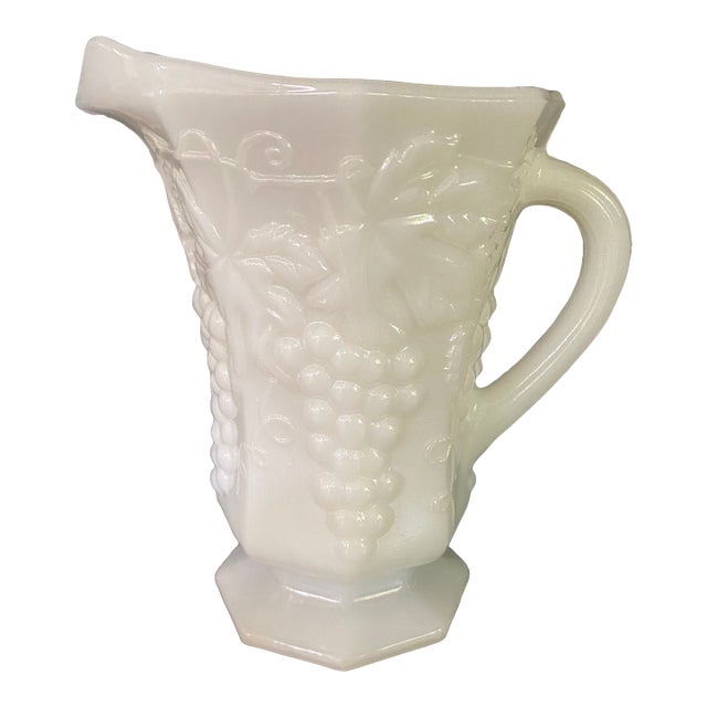 Vintage Anchor Hocking White Milk Glass Grape Pitcher For Sale