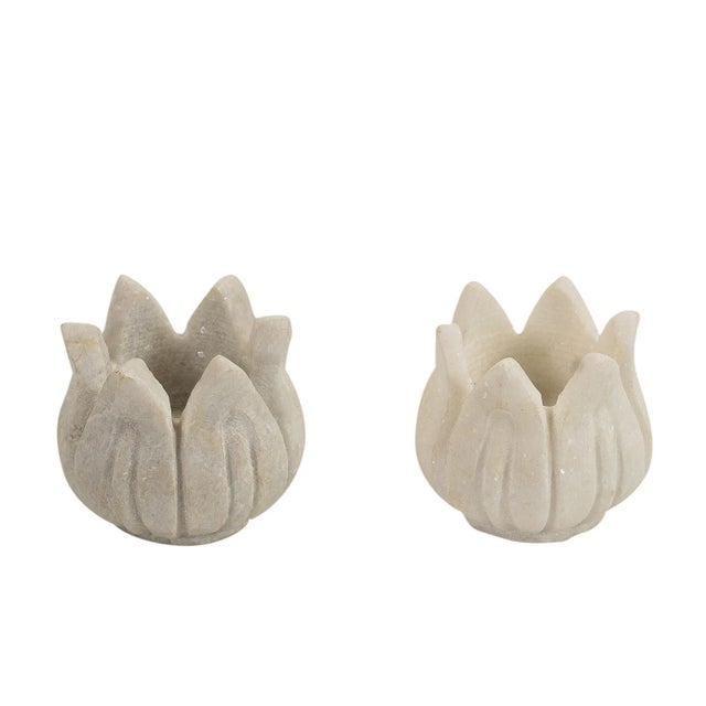 Boho Chic White Marble Lotus Candle Holder | Hand Carved Stone Tealight Stand for Zen Home Decor | Small Spiritual Meditation Gift | Boho Table Accent For Sale - Image 3 of 4