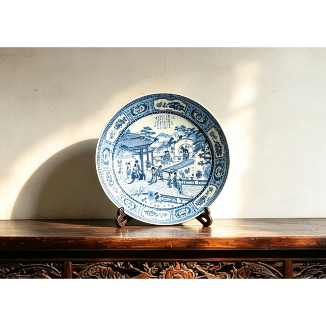 Art Deco Chinese Ceramic Plate,Blue and White Porcelain Plate Hand Painted Figures Story Pattern For Sale - Image 3 of 11