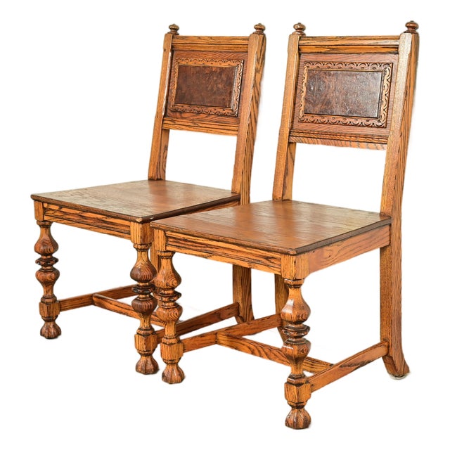 Early Romweber Antique English Jacobean Carved Oak and Burl Wood Side Chairs or Dining Chairs, Pair For Sale