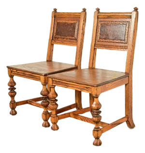Early Romweber Antique English Jacobean Carved Oak and Burl Wood Side Chairs or Dining Chairs, Pair
