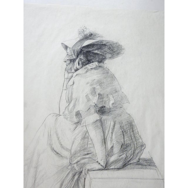 Late 19th century pencil on thin paper study of seated woman in bonnet. , unsigned. Unframed, minor smudging.