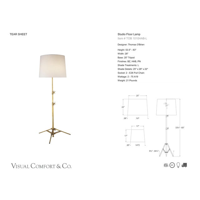 Thomas O'Brien by Visual Comfort Signature Studio Floor Lamp in Hand-Rubbed Antique Brass with Linen Shade Designer:...