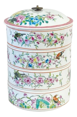 Vintage Chinoiserie Porcelain Hand Painted Famille Rose Style Stacking Boxes 10.5" H