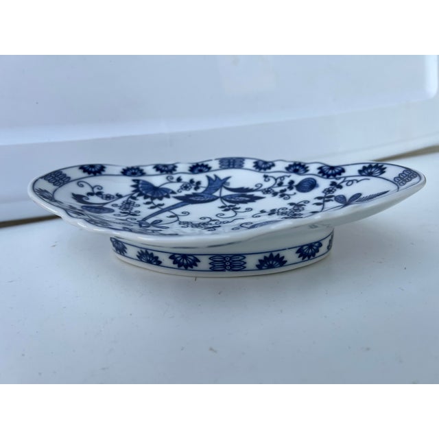 Modern Vintage Footed Blue Onion Bowl Blue and White Diamond Shape Bowl Signed For Sale - Image 3 of 7