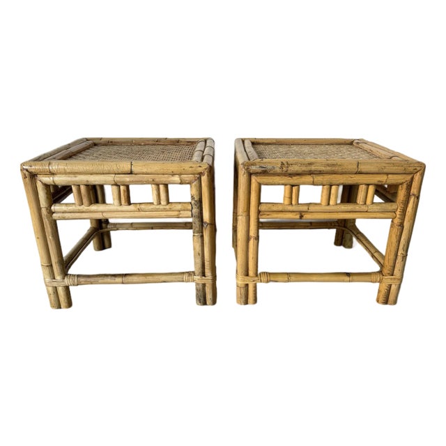 Pair of Vintage Coastal Boho Chic Bamboo Rattan Side Tables For Sale