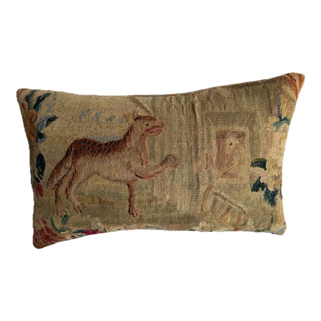 17th Century Antique Brussels Tapestry Tiger Accent Pillow For Sale