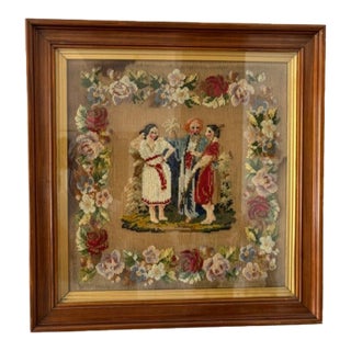 Antique Victorian Needlepoint “Jacob’s Coat” Scene in Mahogany & Gilt Frame For Sale