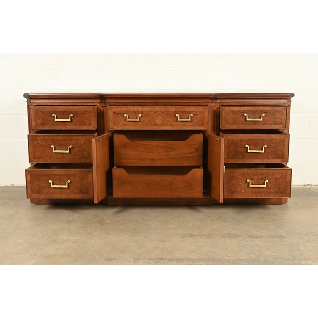 1970s Drexel Heritage Mid-Century Hollywood Regency Burl Wood Dresser or Credenza, Newly Refinished For Sale - Image 5 of 15