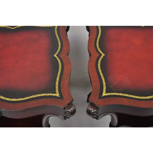Vintage French Regency Style Red Leather Top Mahogany Lamp End Tables - A Pair For Sale In Philadelphia - Image 6 of 11