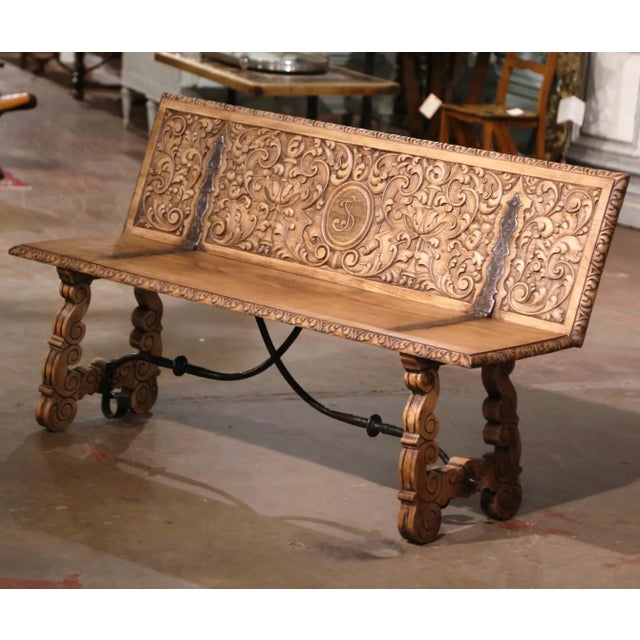 19th Century Spanish Renaissance Carved Chestnut Folding Bench With Iron For Sale - Image 4 of 12
