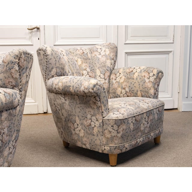 Textile Vintage Danish Wingback Chairs with Jacquard Fabric, 1940s, Set of 2 For Sale - Image 7 of 16