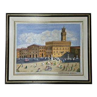 Raffaele Iacampo Original Italian Naïve Oil Painting - Florence Piazza Della Signoria For Sale
