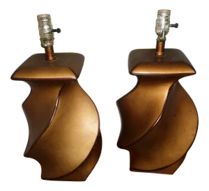 Mid Century Modern Golden Twisted Hollywood Table Lamps With Black Accent - Set of 2