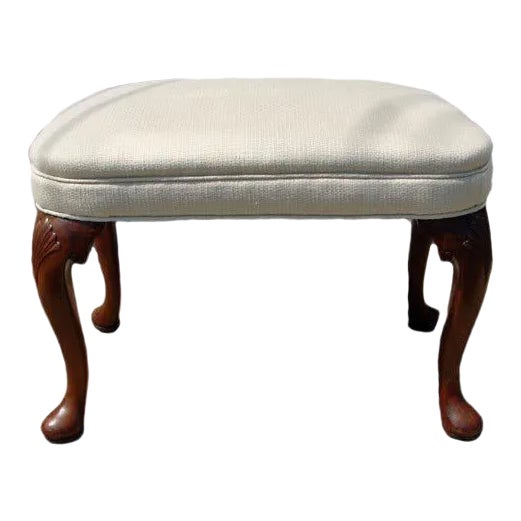 Queen Anne Style Carved Walnut Upholstered Foot Stool For Sale