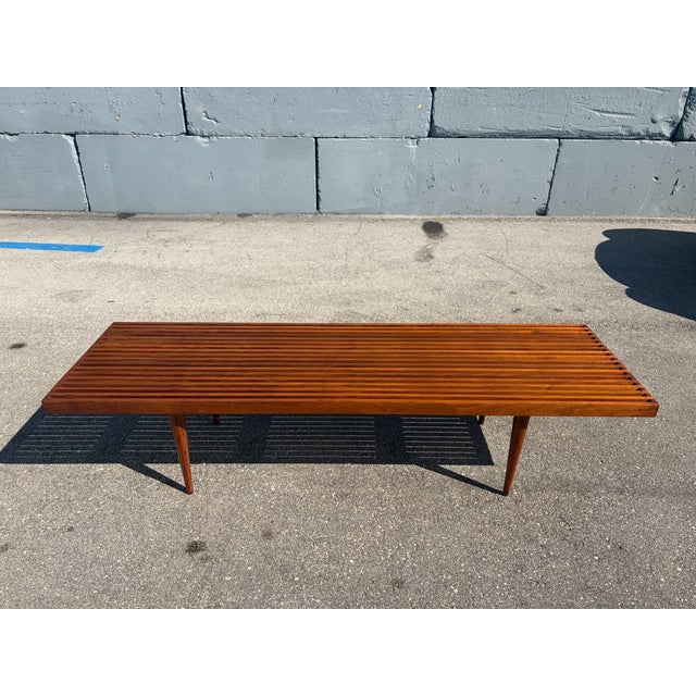 1950s Attributed to Mel Smilow Slatted Solid Walnut Mid-Century Modern Bench Table For Sale In Miami - Image 6 of 10