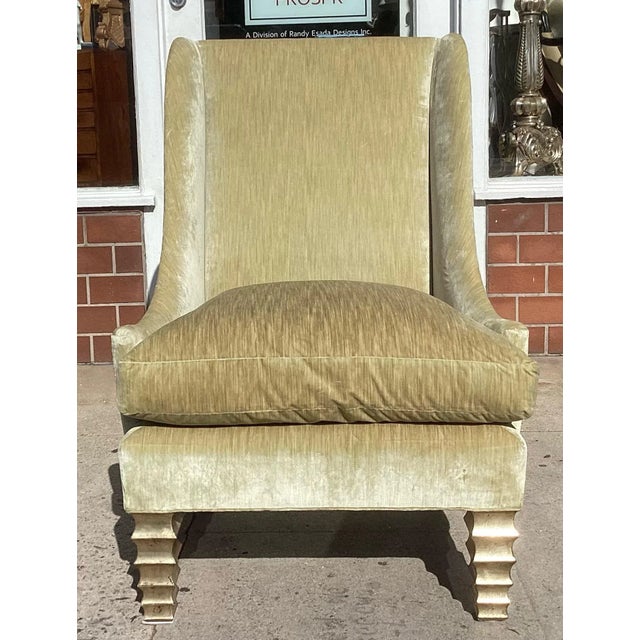 Modern Wingback Down Filled Green Silk Velvet Giltwood Chair.