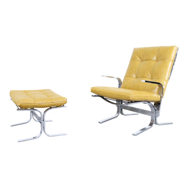 Vintage Chrome and Leather Lounge Chair and Ottoman - 2 Pieces For Sale