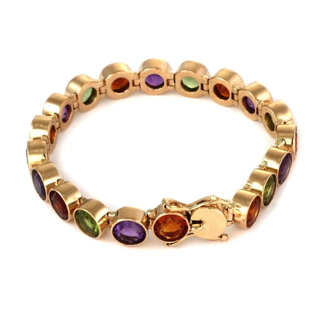Contemporary Mid 20th Century Multi-Color Bezel Set Round Gems 14k Yellow Gold Link Bracelet For Sale - Image 3 of 7
