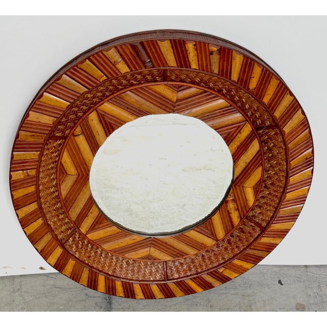 Modernist Bamboo, Rattan & Wood Circular Mirror Late 20th Century For Sale In West Palm - Image 6 of 10