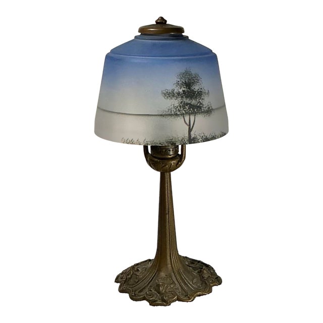 Antique Aladdin Art Nouveau Glass & Cast Metal Reverse Painted Tree Landscape Bourdoir Table Lamp For Sale