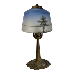 Antique Aladdin Art Nouveau Glass & Cast Metal Reverse Painted Tree Landscape Bourdoir Table Lamp