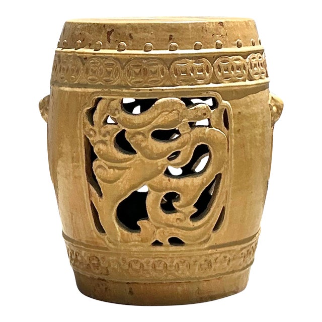 Vintage Boho Glazed Ceramic Medallion Low Stool For Sale