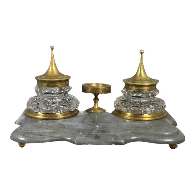 Antique 19th Century Marble and Brass Desk Set With Double Inkwells and Pounce Pot - 5 Pieces For Sale