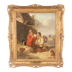 19th Century Genre Scene " Curiosity Unsealed" Oil on Canvas Attributed to Thomas Webster (English 1800-1880)