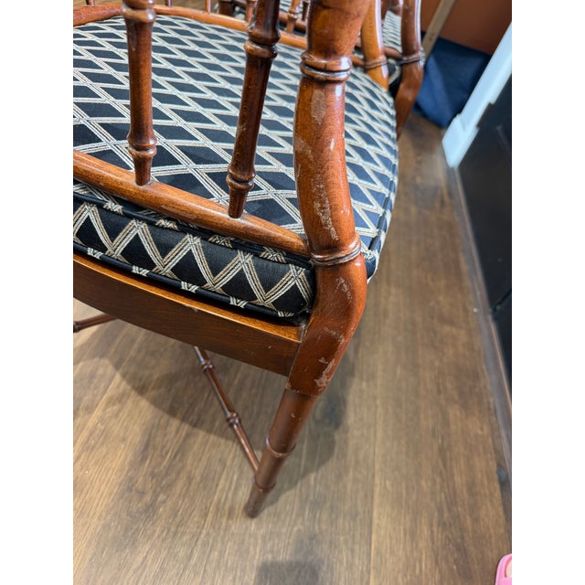 Pair of Baker Furniture Attributed Faux Bamboo Barrel Back Armchairs With Original Cane Seats & Cushions For Sale - Image 17 of 18