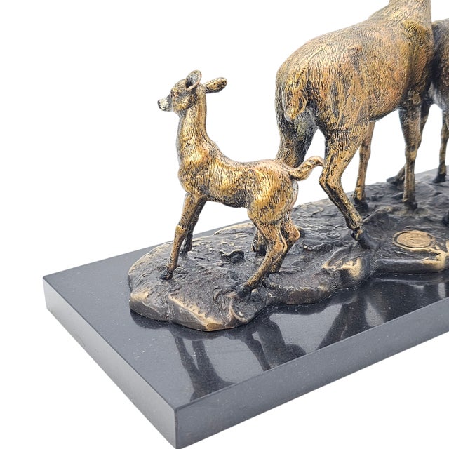 Late 20th Century Bronze Deer Group Sculpture on Black Marble Base — Stag and Wildlife Figurine For Sale - Image 5 of 10