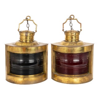 Antique Circa 1900 Pair of Brass English Ship’s Lanterns For Sale