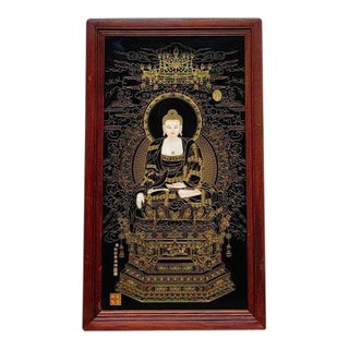 Late 20th Century Large Cloisonné-Style Porcelain Thangka Plaque of Shakyamuni Buddha in Wood Frame For Sale