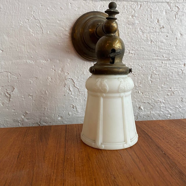 Early 20th Century Antique Industrial Brass Wall Sconce With Frosted Glass Shade For Sale - Image 5 of 13