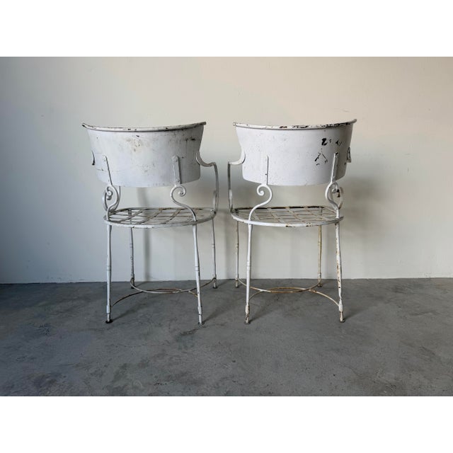 Pair of Vintage Arhaus White Metal Garden Dining Armchairs With Scroll Arms For Sale In Miami - Image 6 of 12