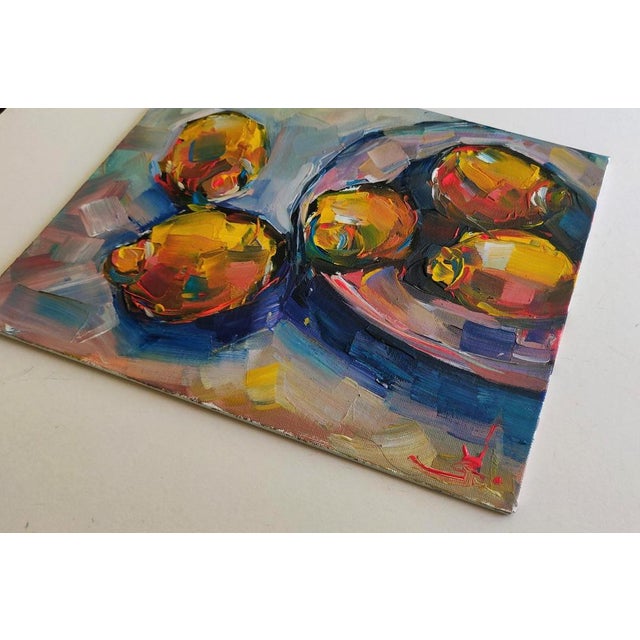 An impressionist oil painting of a bowl of lemons, by Vivek Mandalia. Frame and hang in your home. 24 x 30 cm 10 x 12 Inches