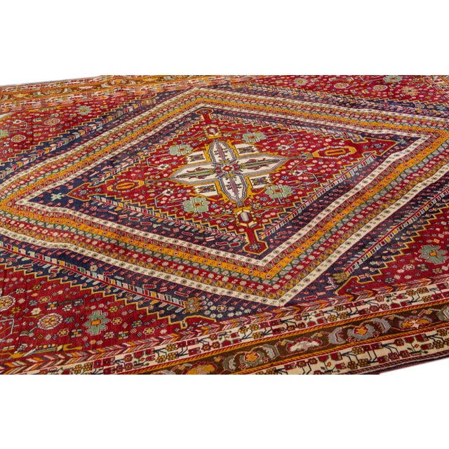 Islamic Vintage Handmade Shiraz Red Geometric Wool Rug 6'10" X 10'1" For Sale - Image 3 of 10