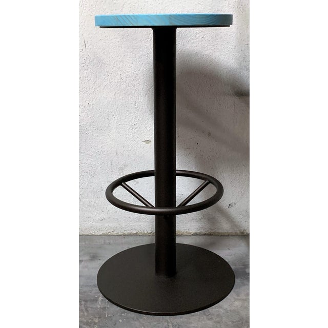 New Industrial Wrought Iron Shop Stool With Pine Wood Seat For Sale - Image 6 of 13