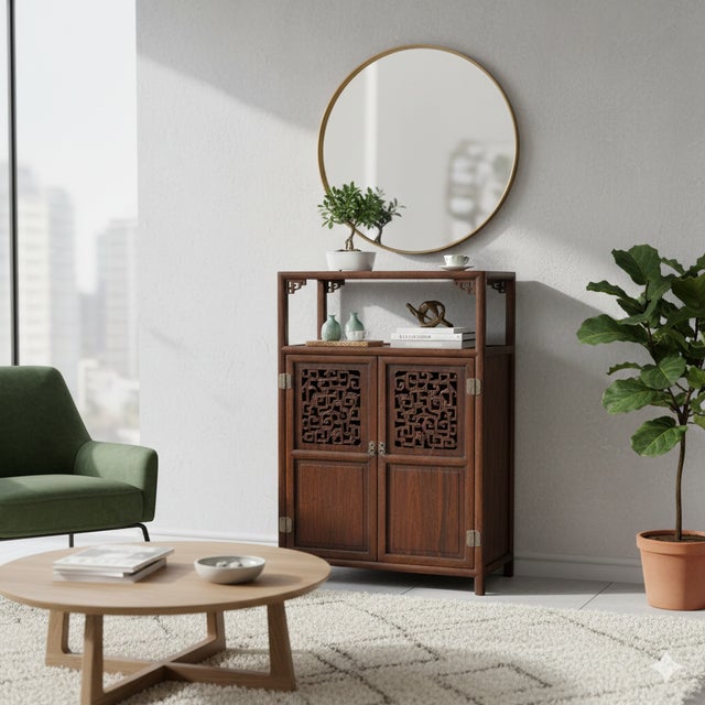 Chinese Open Carving Narrow Wood Grain Brown Side Table Cabinet For Sale - Image 4 of 11